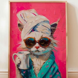 Lustiges Katzen Poster Katze trinkt Kaffee Druck bunte trendige Wandkunst Tier Ölgemälde Küchenposter Maximalist Wanddekoration Dopamin Deko