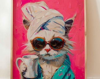 面白い猫のポスター、コーヒーを飲む猫のプリント、カラフルなトレンディな壁アート、動物の油絵、キッチンポスター、マキシマリストの壁装飾、ドーパミン装飾