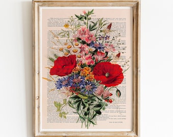 Vintage Print Bouquet Poster, Wildflowers, Flowers on Antique Book Page, Wall Art, Wildflowers, Floral Wall Decoration, Gift Idea