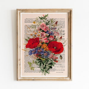 Vintage Print Bouquet Poster Wisenblumen Flowers on antique book page Wall art wild flowers floral wall decoration gift idea