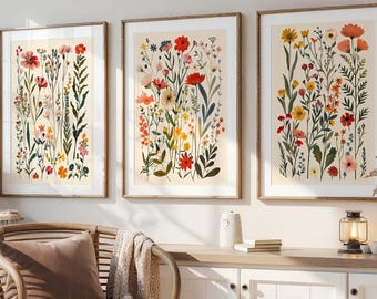 Set of 3 Vintage Botanical Floral Posters, Floral Wall Decor, Wildflower Art Print Set, Boho Living Room Decor, Country House Wall Decoration