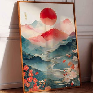Japanische Landschaft Druck Vintage Poster Berge Flüsse rote Sonne traditionell japanische Wandkunst japanische Wanddekoration Wandschmuck