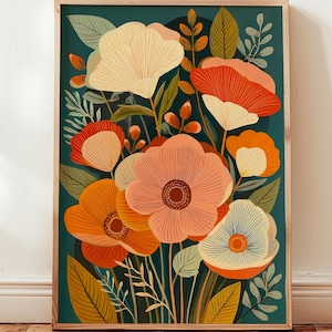 May include: A framed art print depicting stylized flowers in shades of orange, peach, and cream against a dark teal background. The botanical illustration includes various leaf shapes and is set in a wooden frame, suitable for home decor.