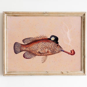 Affiche de poisson imprimé vintage mérou avec collage de tuyaux illustration maritime rétro décoration murale décoration murale idée cadeau