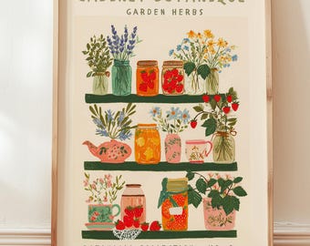 Vintage Botanical Poster | Herbs & Strawberries | Cottagecore Kitchen Art | Botanical Museum Poster | Cottagecore Decor Scandi Wall Art