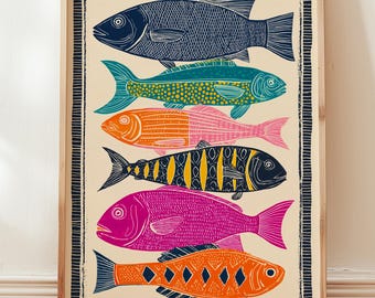 Retro Fisch Poster Vintage Bunte Fische Wandbild Küstenstil Mid Century Modern Druck Maritimes Bild Beach House Deko Sardinen Poster