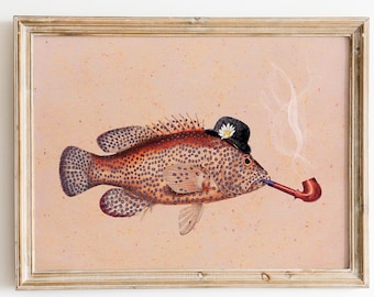 Vintage Print Fish Poster – Grouper with Pipe – Collage – Retro Maritime Wall Art – Wall Decor – Country House Print – Gift Idea