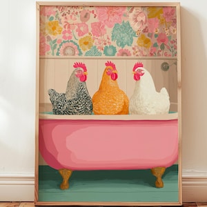 Lustige Hühner in der Badewanne Poster bunte Hühner Wandkunst Tierposter Wanddekoration Farbenfrohe Poster Colorful Farmhouse Wall Art