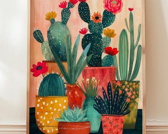 Cactus Wall Art Print Boho Desert Aesthetic Plant Poster Modern Botanical Decor Green Home Art Boho Cactus Plant Scandinavian Wall Art