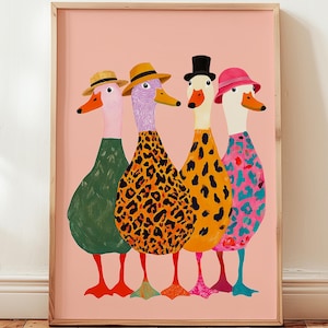 Plakat z kaczką, kolorowa sztuka ścienna, zabawny nadruk z kaczkami w kapeluszach, modna dekoracja ścienna, plakat ze zwierzętami, kolorowa, nowoczesna dekoracja ścienna