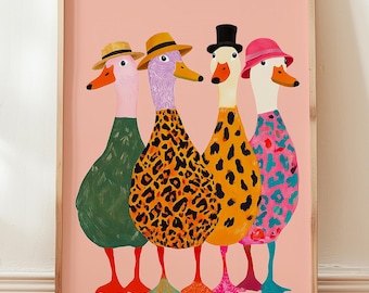 Enten Poster Poster bunte Wandkunst Funny Ducks mit Hüten Druck trendige Wanddekoration Tierposter Druck Farbenfrohe Moderne Wanddekoration
