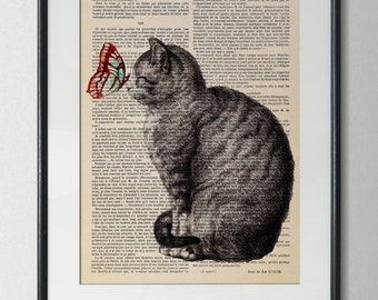 Vintage Print Cat and Butterfly Poster Motif on Antiquarian Book Page Collage Cat Poster Illustration Pet Gift Idea