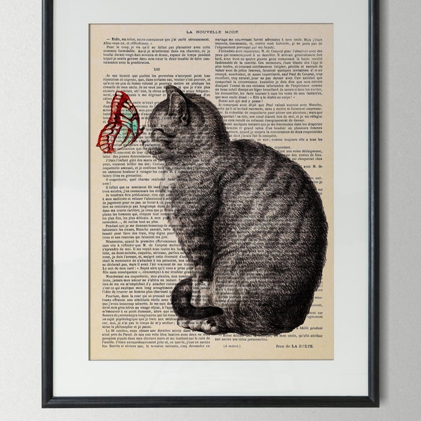 Vintage Print Cat and Butterfly Poster Motif on Antiquarian Book Page Collage Cat Poster Illustration Pet Gift Idea