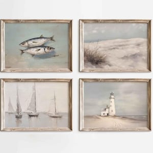 Set di 4 poster dipinto costiero stampa vintage arte murale marittima decorazione murale costa arte spiaggia decorazione murale casa di campagna decorazione murale bagno