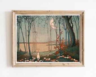 Vintage Print Hase und der Mond Poster Art Deko Wanddekoration Wandschmuck Wald Pilze antike Illustration Geschenkidee