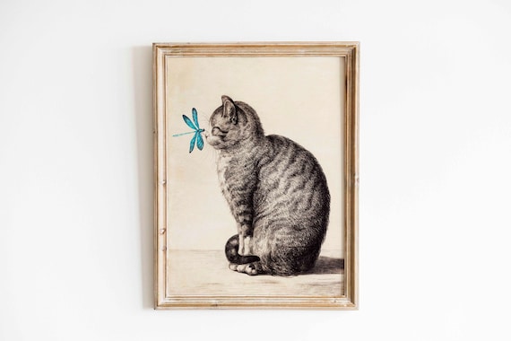 Vintage Print Cat With Dragonfly Vintage Cat Poster Antique