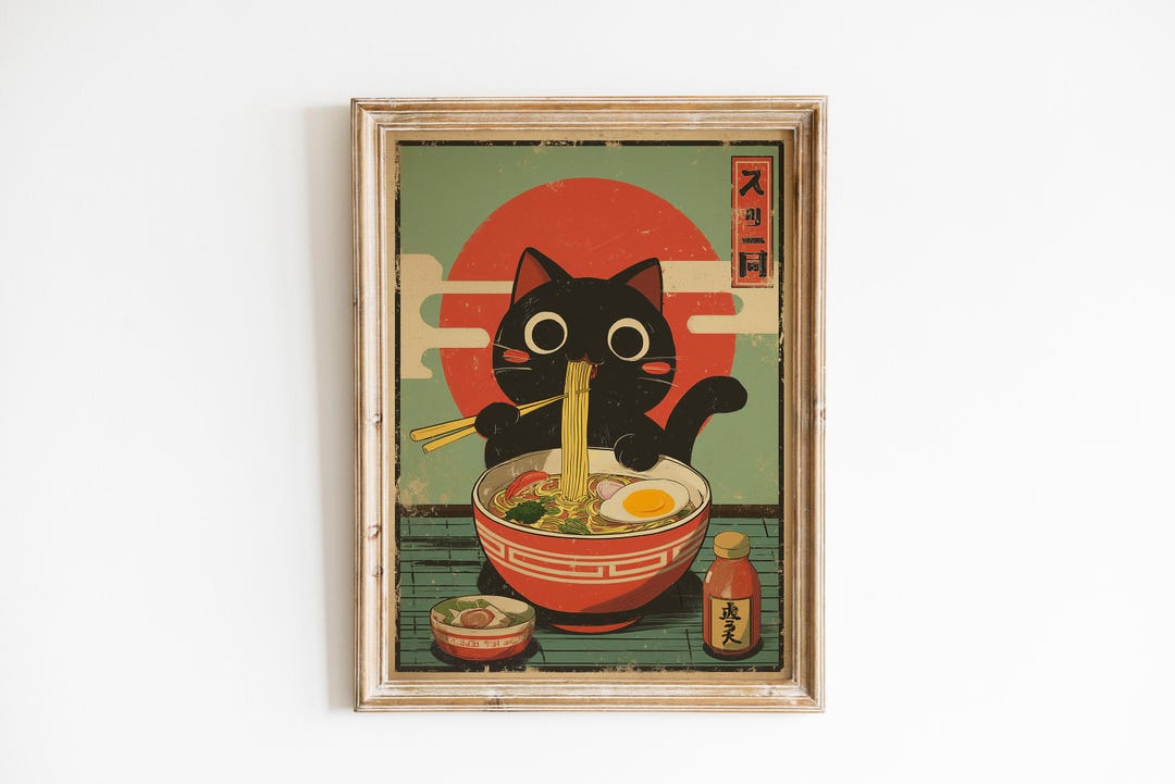 Kawaii Cat Eating Ramen Noodles Poster Retro Print Vintage Wall Art ...