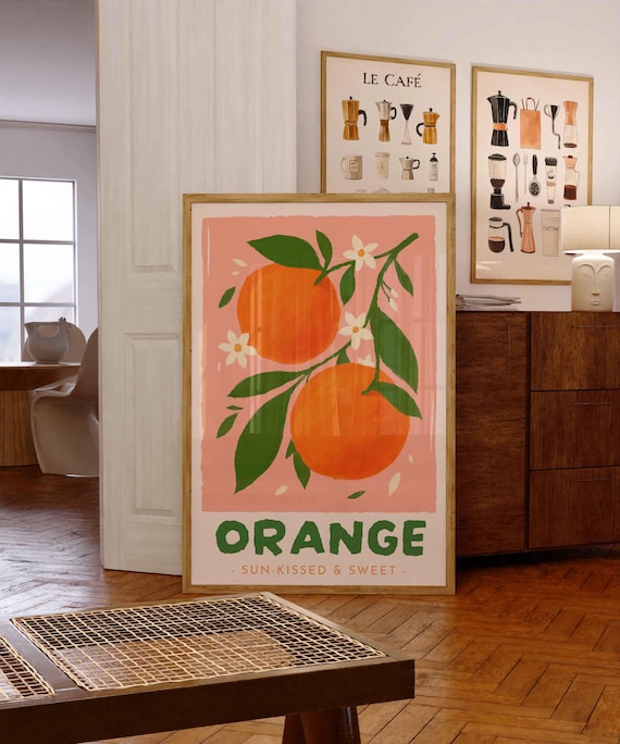 オレンジのポスター 太陽に照らされた甘いレトロフルーツプリント