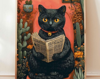 Funny cat poster, black cat on toilet with newspaper print, humorous bathroom decor, animal art print, gift idea, toilet cat art