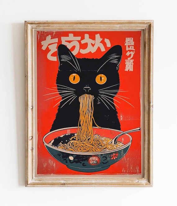 レトロプリントの猫がラーメンを食べるポスター、ヴィンテージの壁