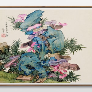 Vintage Print Japan Japanese Mushrooms on Bamboo Poster Ukiyo-e Traditional Japanese Illustration Wall Decoration Gift Idea