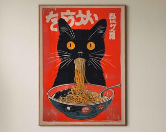 レトロプリントの猫がラーメンを食べるポスター、ヴィンテージの壁