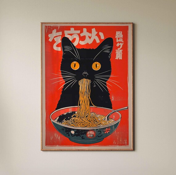 レトロプリントの猫がラーメンを食べるポスター、ヴィンテージの壁