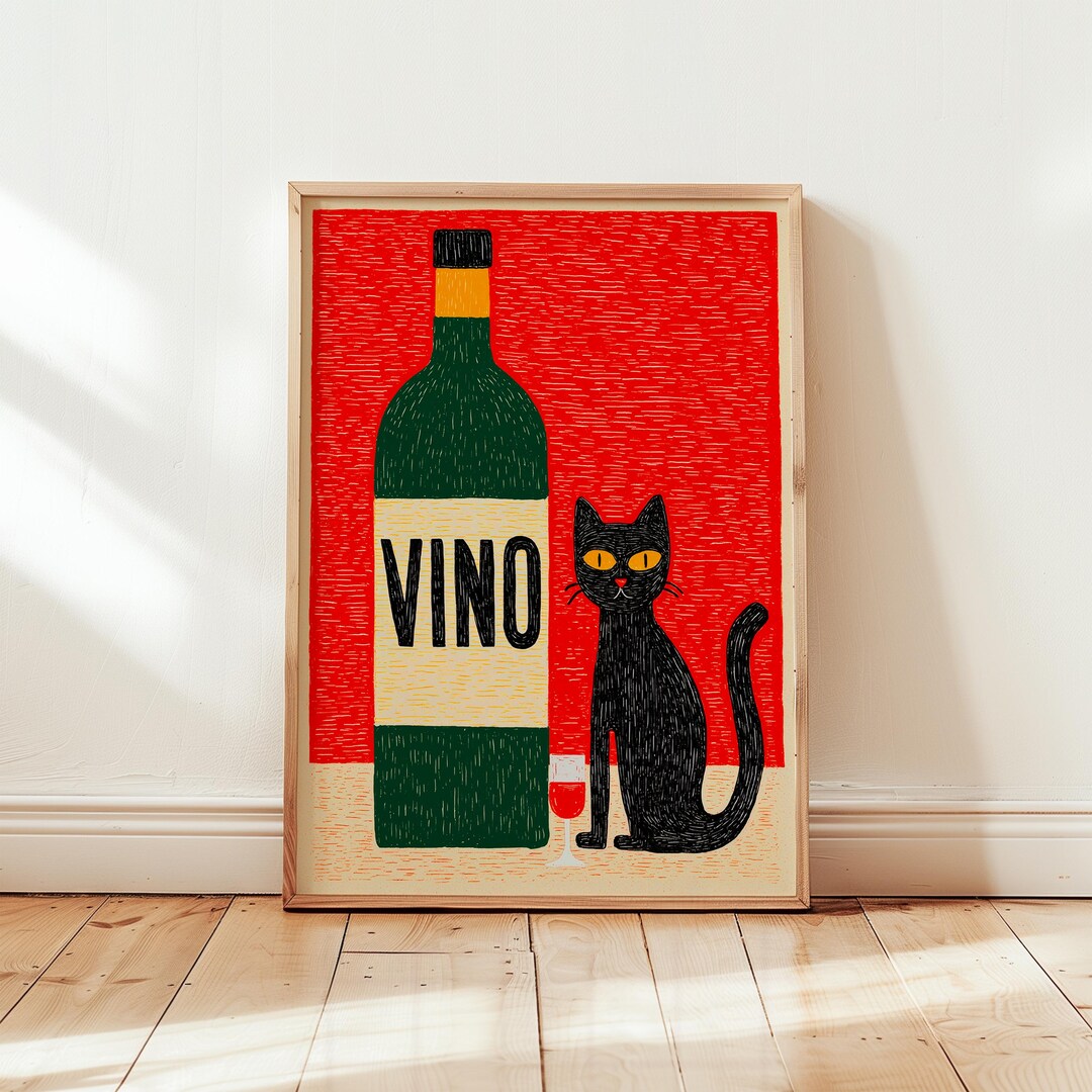 Black Cat Wine Poster Vino Illustration Retro Cat Art Funny Kitchen ...