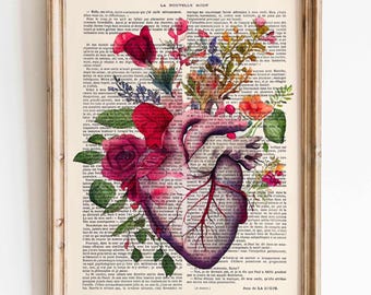 Heart Poster on Book Page Anatomical Heart with Flowers Vintage Art Print Heart Print Romantic Wall Decor Vintage Print Wall Decoration
