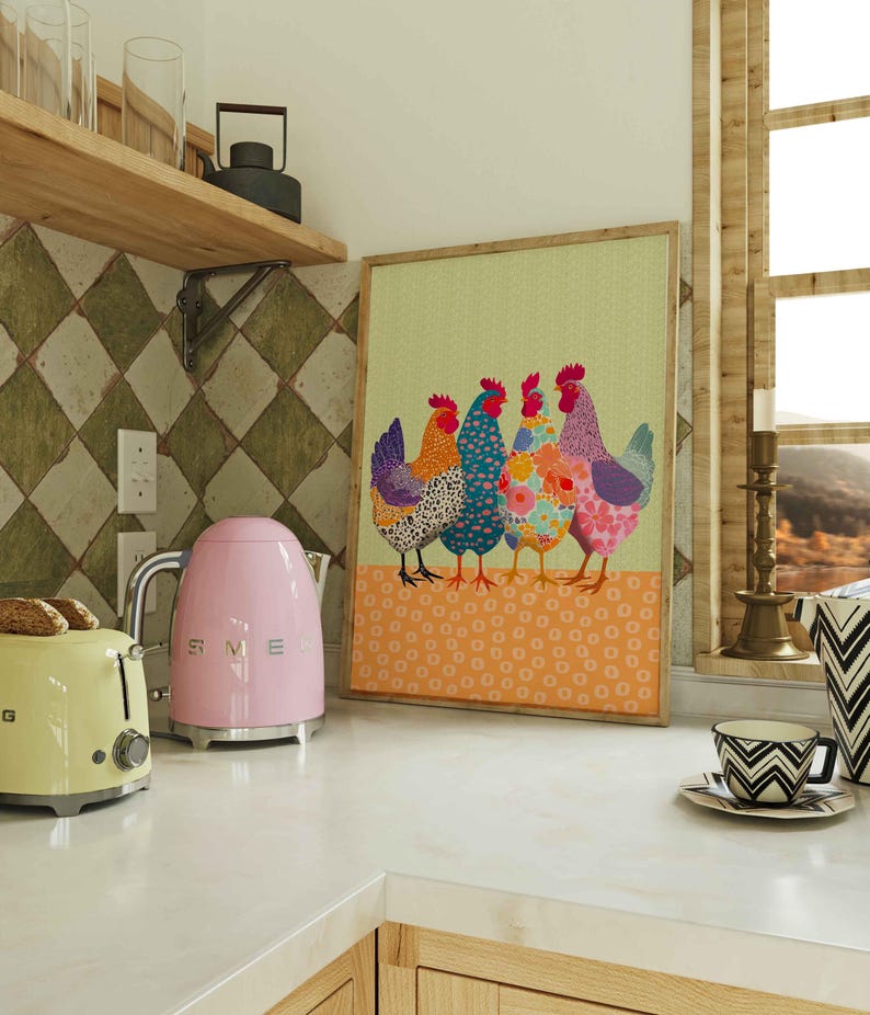 Funny Chicken Poster, Colorful Chicken Wall Art Print, Trendy Wall ...
