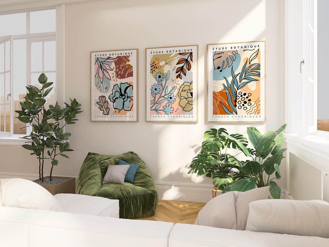 Set of 3 Abstract Botanical Posters, Scandinavian Wall Art, Floral ...
