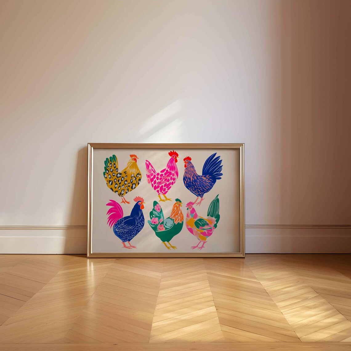 Funny Chickens Poster Colorful Chicken Wall Art Print Retro Poster ...