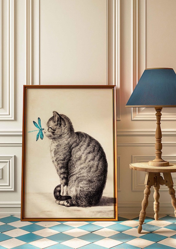 【CAT】　vintage poster Vintage Print Cat With Dragonfly Vintage Cat Poster Antique