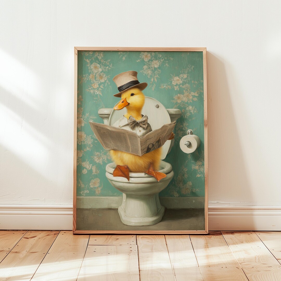 Funny Duck on Toilet Poster, Funny Duck Bathroom Wall Art, Vintage ...