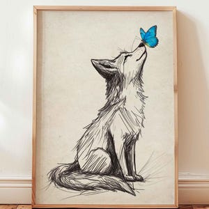 Süßer Fuchs und Schmetterling Druck Retro Wandkunst Vintage Wandschmuck minimalistisches Poster Waldtier Poster Wanddekoration Geschenkidee