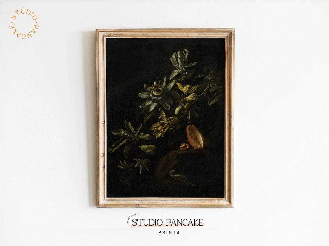 Moody Vintage Green Floral Print | Dark Floral Still Life Oil Painting ...