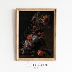 Moody Vintage Flower Bouquet Print | Dark Floral Still Life Oil Painting, Flower Bouquet Roses, 1700s vintage  PRINTABLE Digital Antique Art