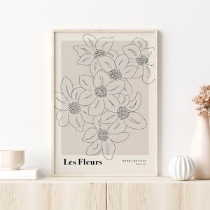 HENRI MATISSE | Desenho da flor de Matisse Pôster | Desenho de linha mínimo | arte de parede de flores | Arte Moderna Neutra