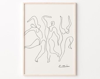 May include: Black and white line art print of four figures dancing. The print is framed in a light wood frame.