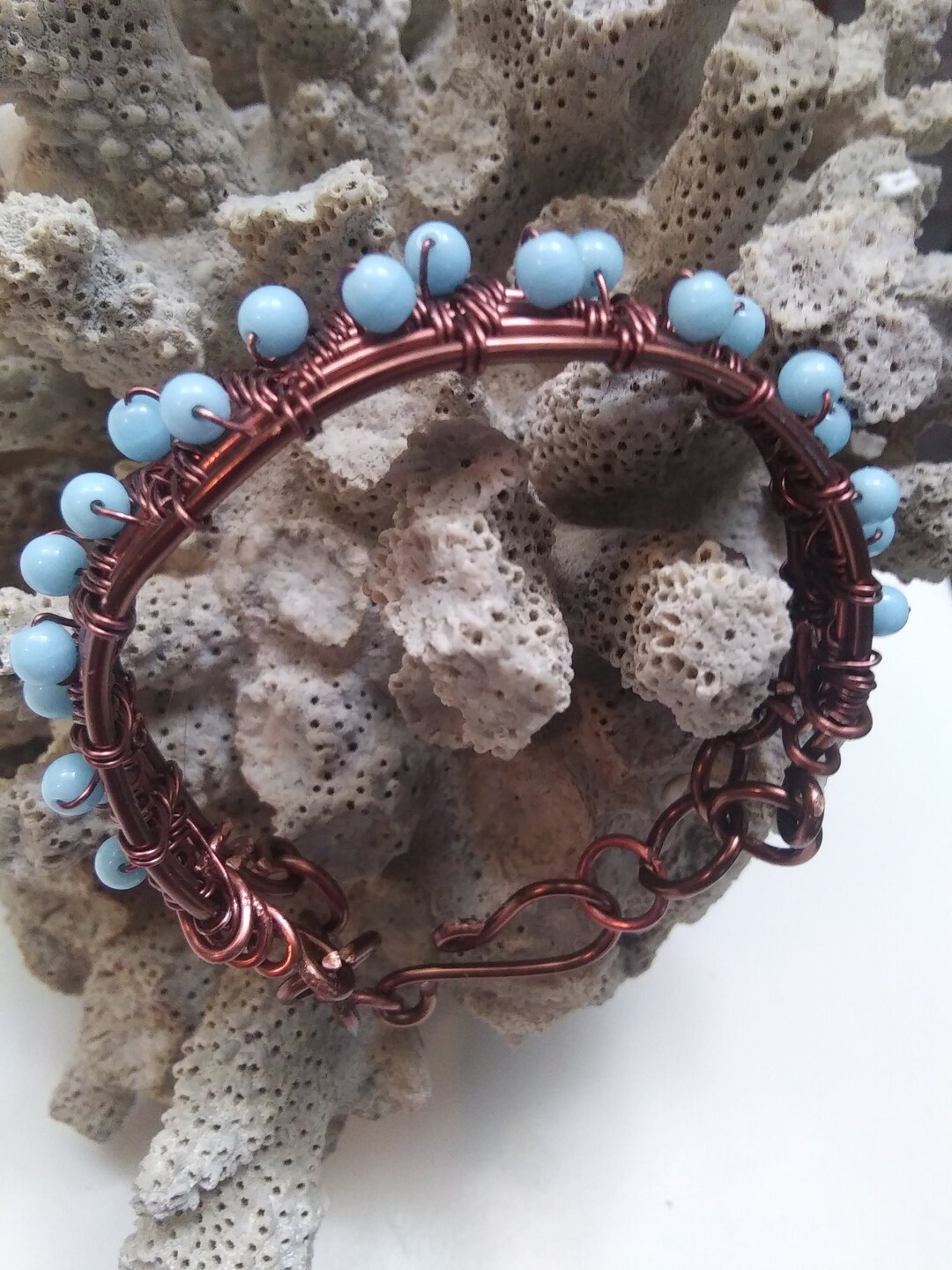 Copper Wire Weave Bracelet With Blue Druk Beads Etsy