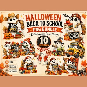 Peut inclure: Un lot numérique de 10 motifs de fantômes à l'aquarelle avec le texte HALLOWEEN BACK TO SCHOOL PNG BUNDLE. Les illustrations représentent des fantômes avec des fournitures scolaires, des livres, des citrouilles et un bus scolaire jaune.