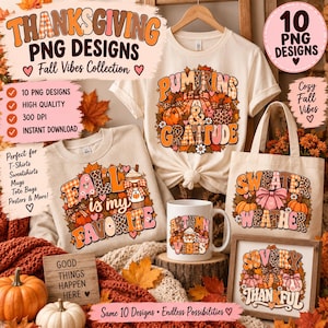 Peut inclure: Une collection de vêtements et d'accessoires couleur crème arborant des graphismes rétro sur le thème de l'automne. L'ensemble comprend un t-shirt, un sweat-shirt, un sac fourre-tout et une tasse, ornés de citrouilles et de feuilles.