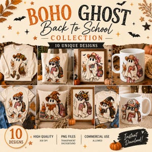 Peut inclure: Une collection numérique de 10 designs Boho Ghost Back to School présentant des illustrations de fantômes portant des chapeaux, des sacs à dos et tenant des livres ou des boissons. Les graphiques sont sur des vêtements, sacs, coussins et tasses.