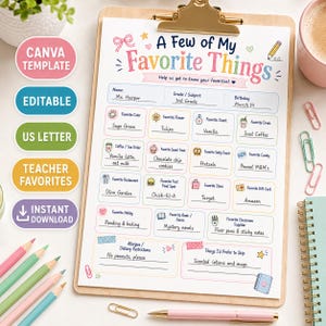 Peut inclure: Un questionnaire imprimable intitulé A Few of My Favorite Things sur un presse-papier en bois. Le formulaire comprend des champs pour le nom, le niveau, la date de naissance et diverses préférences personnelles, rempli avec du texte manuscrit.