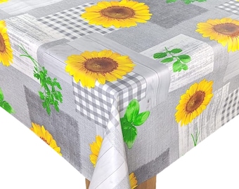 Grey Yellow Sunflower Floral Flowers PVC Vinyl Tablecloth Cover Indoor Outdoor Use Wipe Clean Table Protector Cover Protector