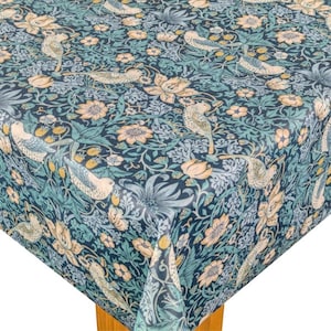 William Morris Oilcloth Tablecloth- Rectangle Round Square Oval - Strawberry Thief Teal Matte Finish Traditional oilcloth table covering