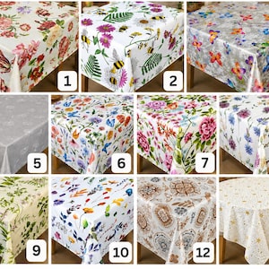 May include: A collection of fifteen square and round tablecloths featuring various printed patterns including floral arrangements, butterflies, bees, botanical leaves, geometric shapes, and gold stars on white, grey, and patterned backgrounds.