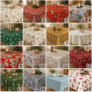 May include: A collection of sixteen square and round tablecloths featuring various holiday patterns including red and green plaid, Christmas trees, snowflakes, nutcrackers, Santa Claus, gnomes, and gold stars, each numbered for identification.