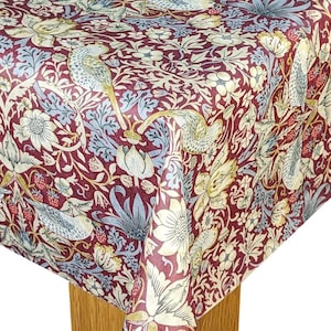 William Morris Oilcloth Tablecloth- Rectangle Round Square Oval - Strawberry Thief Red Matte Finish Traditional oilcloth table covering