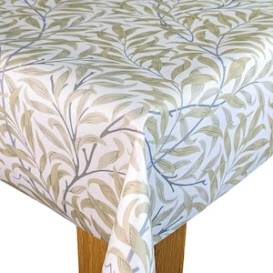 William Morris Oilcloth Table cloth- Rectangle Round Square Oval - Willow Bough Beige Linen Matte Finish Traditional oilcloth table covering